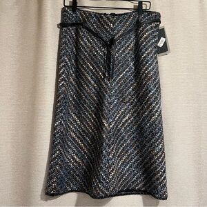 Kenneth Cole NY Blue Multi Tweed A-Line Skirt with Belt & Lace Trim